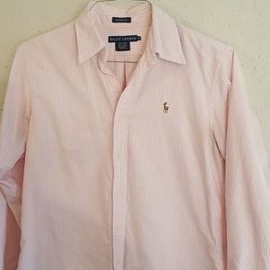 pink and white stripe long sleeve button down